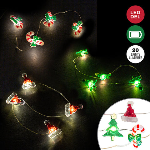 20 DECORATED B/O MICRODOT LED, INDOOR, 3 ASST: SANTA HAT,TREE,CANDY CANE,WARM WHITE,12/PDQ