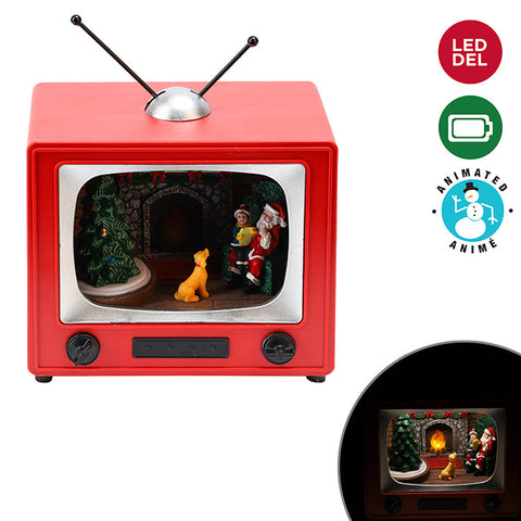 ANIMATED POLYRESIN BATTERY OPERATED LED LIGHT TELEVISION WITH SANTA SCENE, 15.5 x 14CM, RED