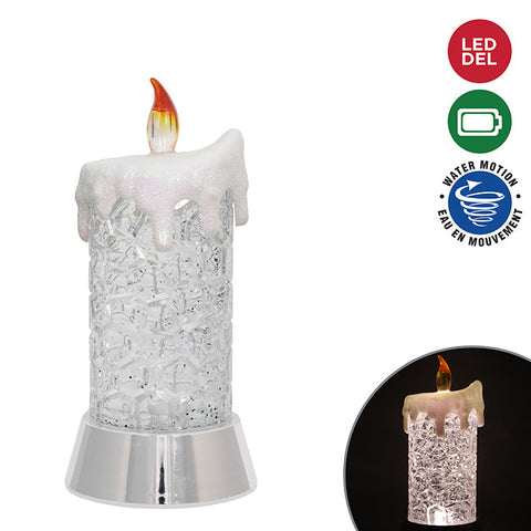 LED LIGHT UP ACRYLIC WATER FILLED CANDLE 21.59CM B/O CLEAR/WHITE/SILVER