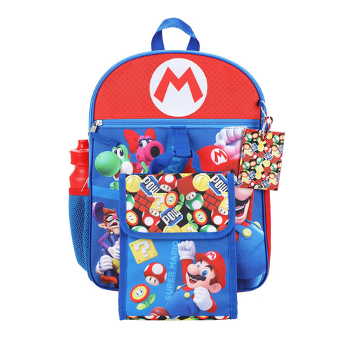 Super Mario Bros. Popular Icons Kids 16" Backpack and Lunch Bag 5 Piece Set