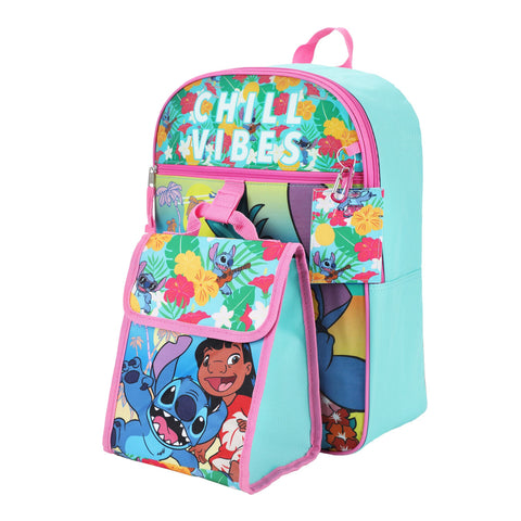 Lilo & Stitch Chill Vibes Kids 16" Backpack and Lunch Bag 5 Piece Set