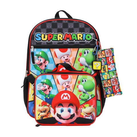 Super Mario Bros. Character Tiles Kids 16" Backpack and Lunch Bag 5 Piece Set