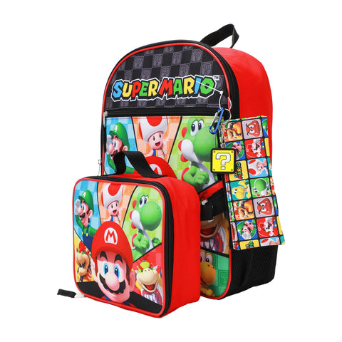 Super Mario Bros. Character Tiles Kids 16" Backpack and Lunch Bag 5 Piece Set