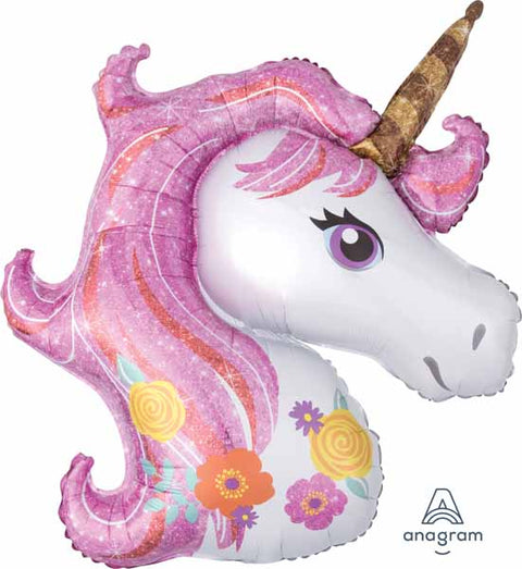 Supershape pink unicorn & flowers balloon - 33"