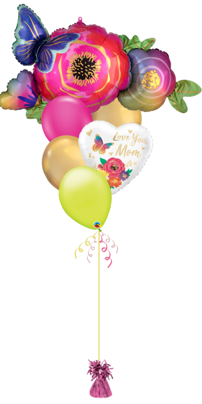 Balloon bouquet - Infused flowers and butterflies - Love you Mom in satin