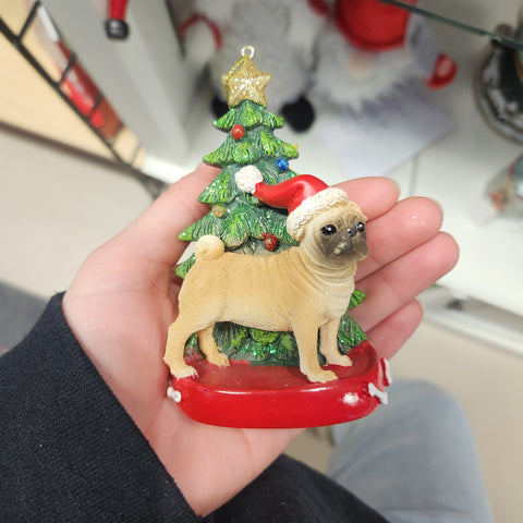 Ornement Chien Résine avec Arbre de Noël Assortiment 4.25"