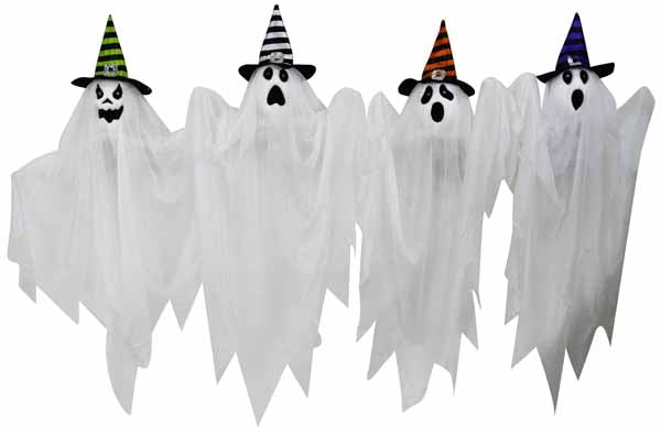 Hanging ghosts with striped witch hats