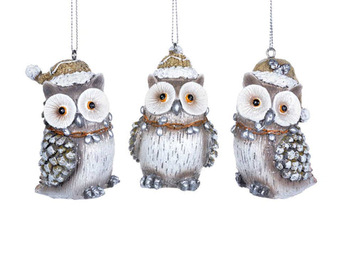 Frosted Pine Owl Ornament (3")