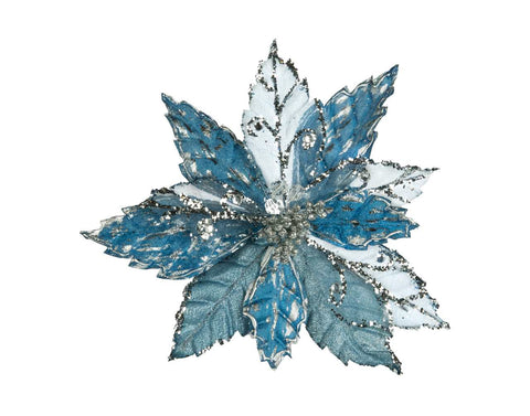 Poinsettia bleu glacé avec pince (9po)