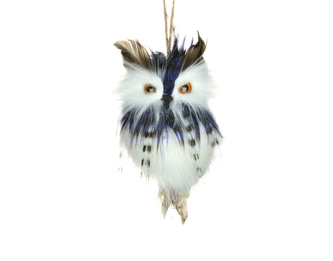 Blue/White Feather Owl Ornament (6.5")