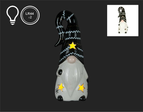 White LED Gnome with Black Hat (9.5")