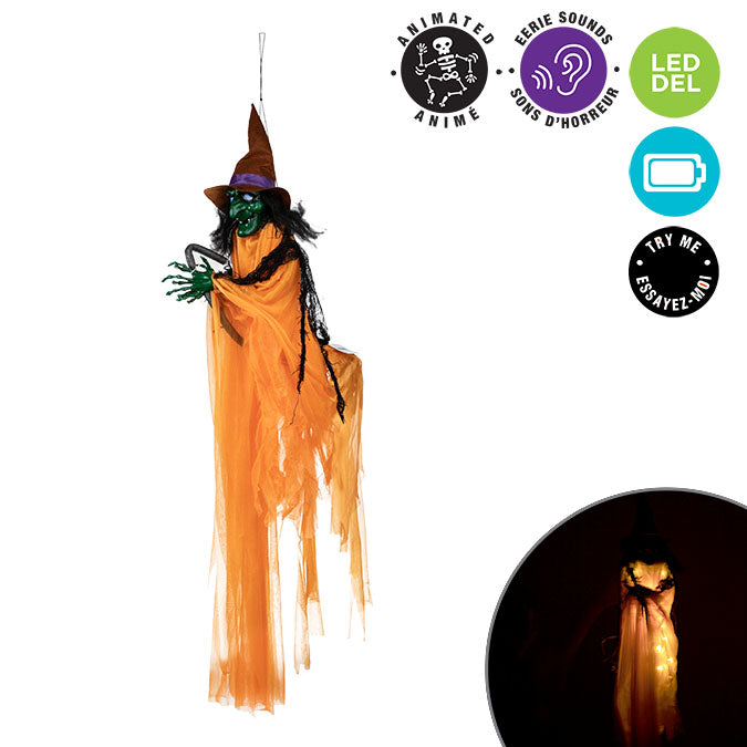 Sorcière Sur Balai Suspendu Avec Lumières Et Musique, H: 45.25po(115cm)