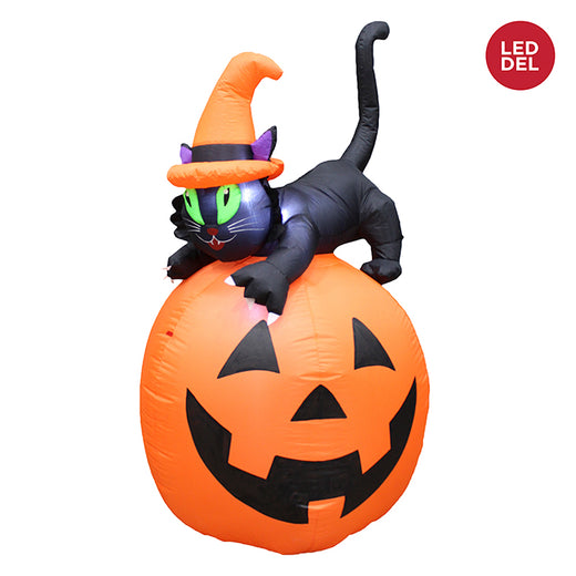 Black cat on inflatable pumpkin