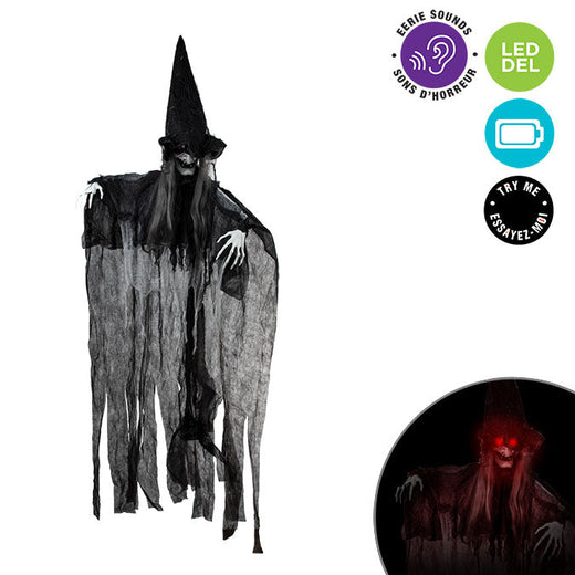 Sorciere a Suspendre 6pi, Avec Yeux Lumineux Et Son De Rire Effrante, H: 72po(183cm)
