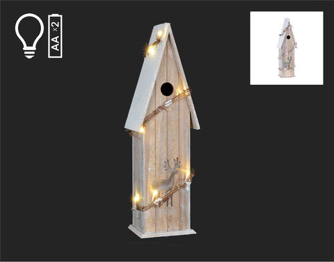 Natural white wooden birdhouse with LED and deer (21x6x5")