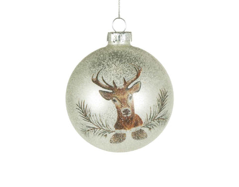 White glass ball ornament decorated with deer (8cm)