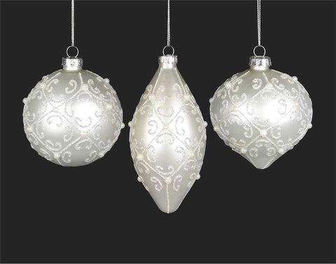 White ball/onion/drop ornament with silver swirls (8-13cm)