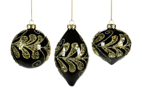 Black ball/onion/drop ornament with gold swirls (8cm)