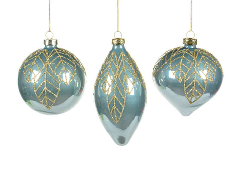 Silver/blue ball/onion/drop ornament with gold leaves (8cm)