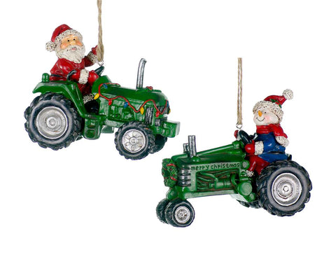 Santa/Snowman on Green Tractor Ornament