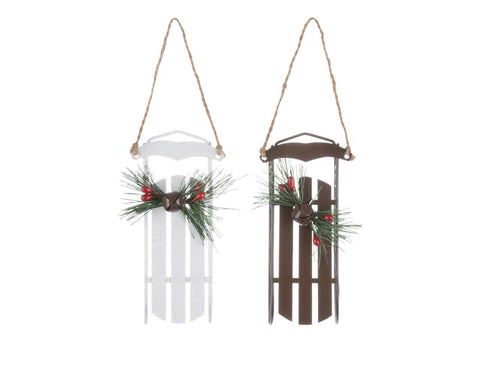 Brown/White Metal Sled Ornament (5")