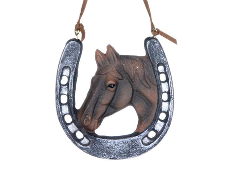 Horse Head Ornament with Horseshoe (3.75")