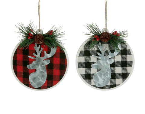 Red/Black Plaid Deer Ornament with Sprig