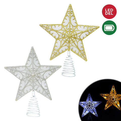 Assortment of 2 luminous star tree ribs of 25 cm, 10 battery-powered micro LEDs with timer, gold, silver