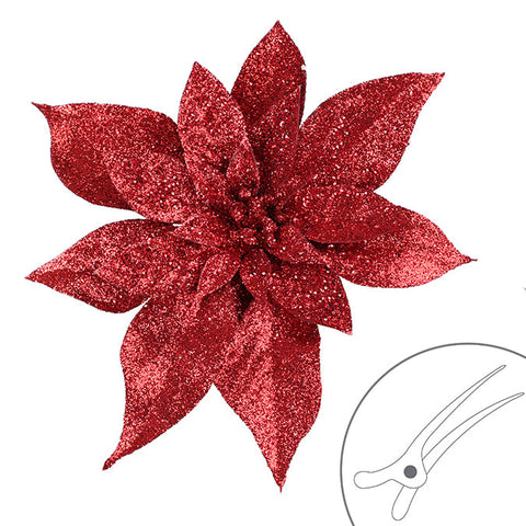 PIQUE DE POINSETTIA AVEC BRILLANT SUR PINCE ARGENT 16CM ROUGE