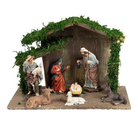 Nativite set of 7 ceramic figurines with wooden stable 30x20cm