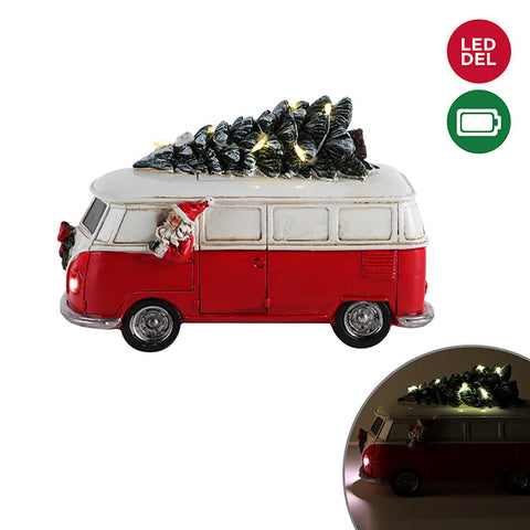 LED illuminated polyresin van with Christmas tree and Santa Claus 15.5 x 10cm b/o