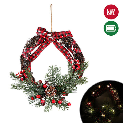 30cm Prelit LED Vine/Pine Wreath with Berries/Rubbon, 13 Microdot LED Lights b/o Warm White