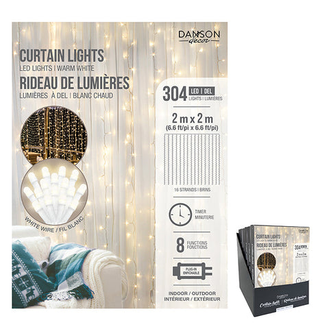 Light curtain 2.0 x 2.0 m, 304 f5 LED, indoor/outdoor, 8 functions with timer, white wire, warm white