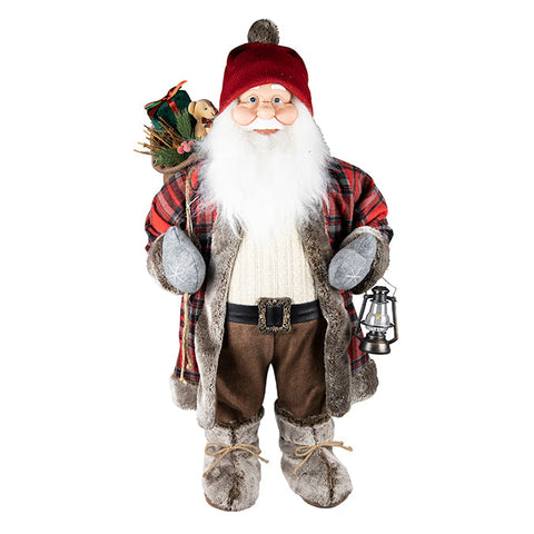 Père noël debout avec bottes et garniture en fourrure 81cm, rouge/gris/beige