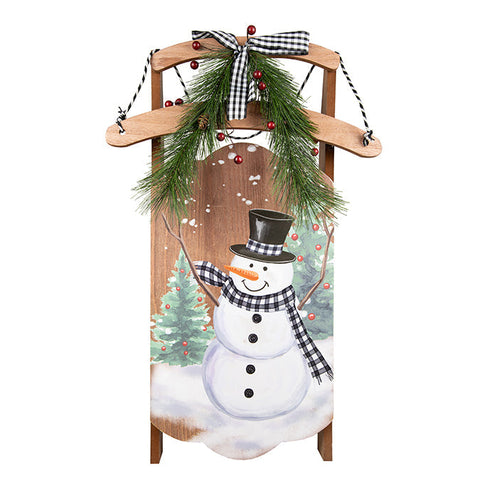 Wooden sled with hanging snowman (57 cm)