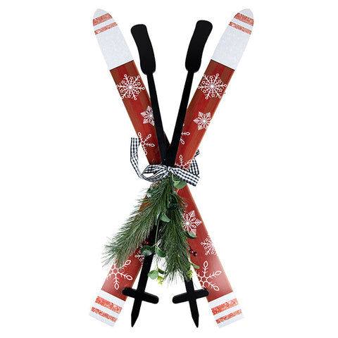 Wooden skis with poles, pine decorations and bow 40cm x 83cm