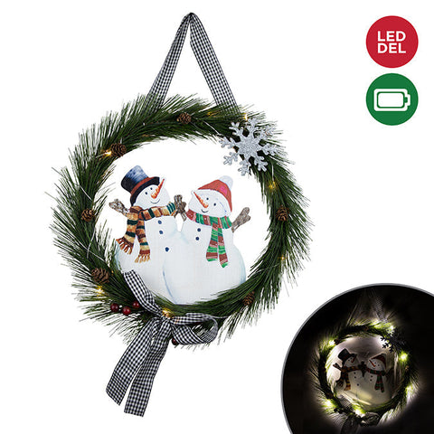 Couronne de pin avec bonhomme de neige LED