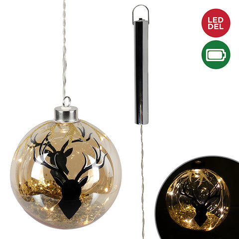 Glass ball with interior glitter and black moose head decal b/o led light