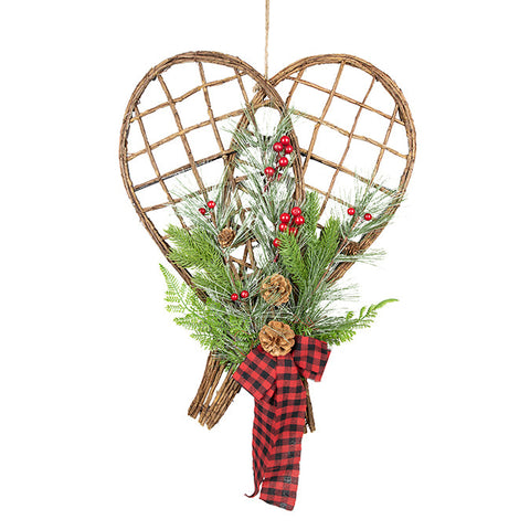 62 cm hanging wooden snowshoes with decorated pine, buffalo check ribbon and pine cones