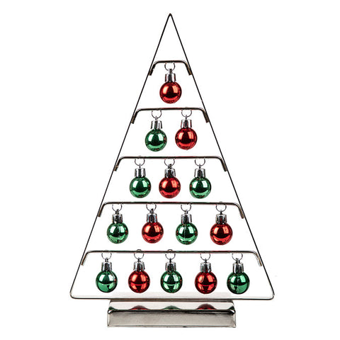 Metal triangle tree with plastic decorations, silver/red/green, 21 x 31cm