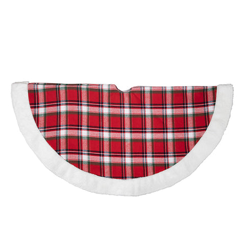 Jupe d'arbre en tissu, bordure fourrure blanche et motif tartan rouge/vert/blanc, 107cm