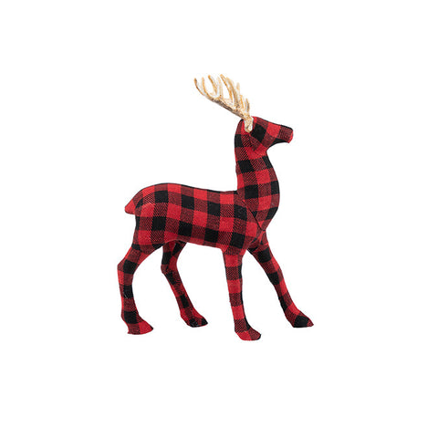 Standing reindeer in fabric with antlers, red/black, 30cm h