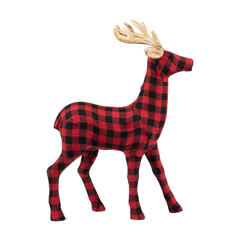 Standing reindeer in fabric with antlers, red/black, 45cm h