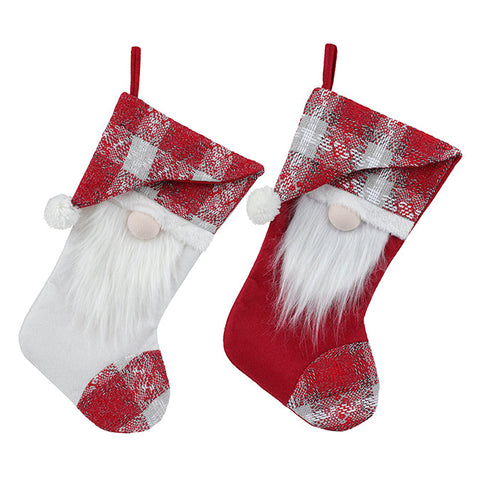 Fabric stockings, gnome santa design, 2 assortments white, red 52cm