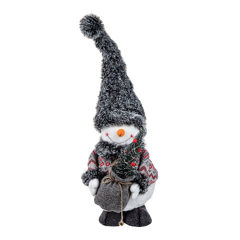 Bonhomme de neige debout en tissu tenant un arbre pré-lit, b/o, gris, 43 cm