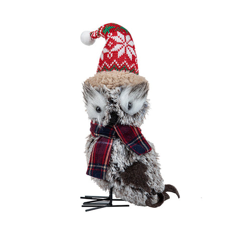 Standing owl in metal and fur look, grey/red, 2 assorted, 27cm