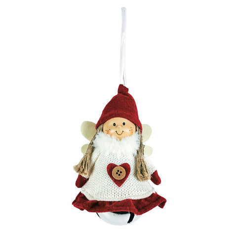 Fabric angel ornament with jingle bell body, red/white 14cm h