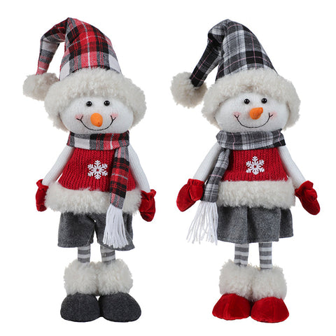 Standing fabric snowman, red/grey/white, boy or girl, 36 cm.