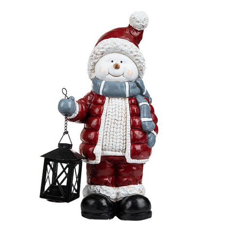 Polyresin snowman with lantern/candle holder 38cm red/white