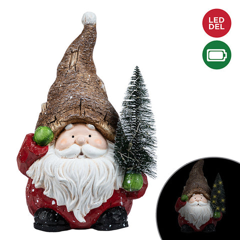 Polyresin Gnome Holding Battery Operated Light Up Tree, Red/Gold, 36cm